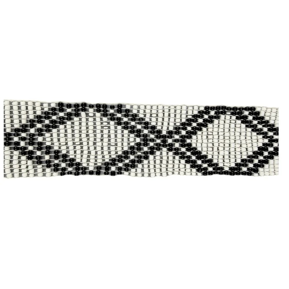 Vintage Beaded Belt Black White Geometric Diamond Seed Bead Wood Buckle 42 in